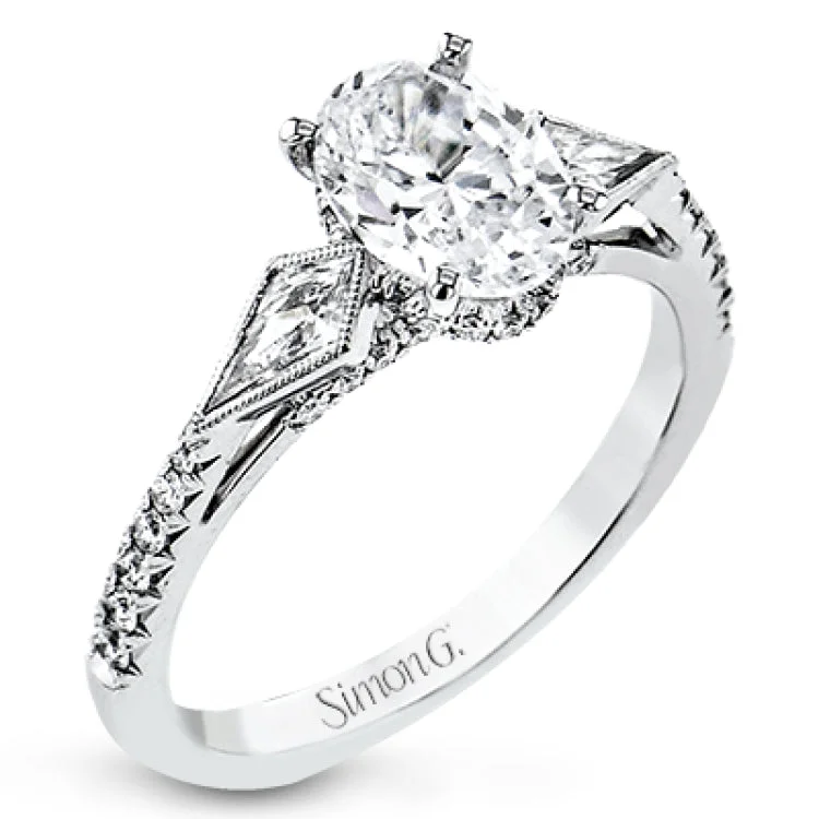 Women’s twisted band engagement rings-This modern 3 stone engagement ring is made for an oval center and flanked by 2 kite set diamonds 0.23 ctw, with round prong set diamonds along the shank 0.22 ctw.