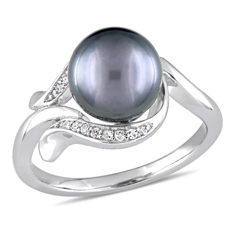 Women’s crystal ring-Miadora 8.5-9mm Black Tahitian Pearl and Diamond Accent Ring in 14k White Gold