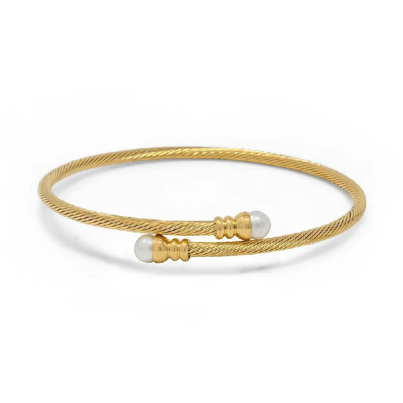 Women’s luxury bangle-Stainless Steel Wire Bangle Pearl Ends Gold Plated