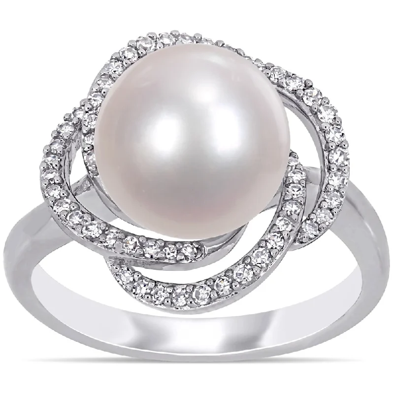 Women’s crystal engagement ring-Miadora 14k White Gold Cultured FW Pearl and 1/4ct TDW Diamond Crossover Halo Ring (10-11 MM)