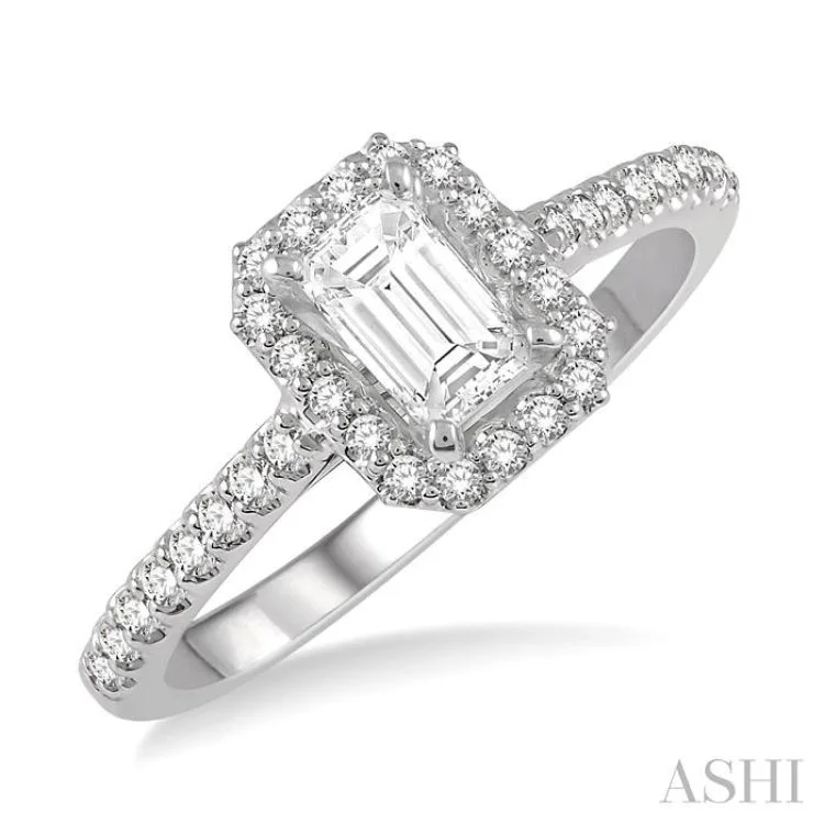 Women’s personalized engagement rings-3/8 Ctw Octagon Shape Engagement Ring with 1/4 Ct Emerald Cut Center Stone in 14K White Gold