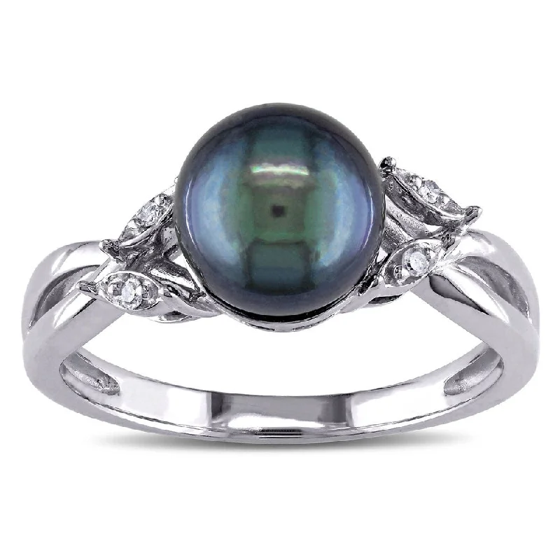 Women’s stacked gemstone rings-Miadora 10k White Gold Cultured Freshwater Black Pearl and Diamond Accent Cocktail Ring (7.5-8 mm)