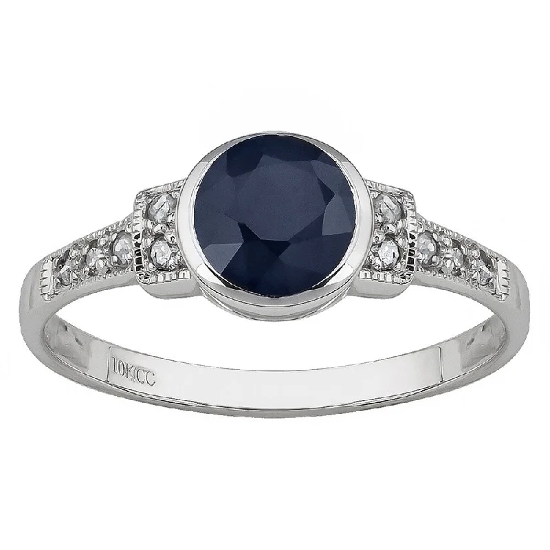 Women’s geometric ring-Viducci 10k White Gold Vintage Style Genuine Sapphire and Diamond Ring - Blue