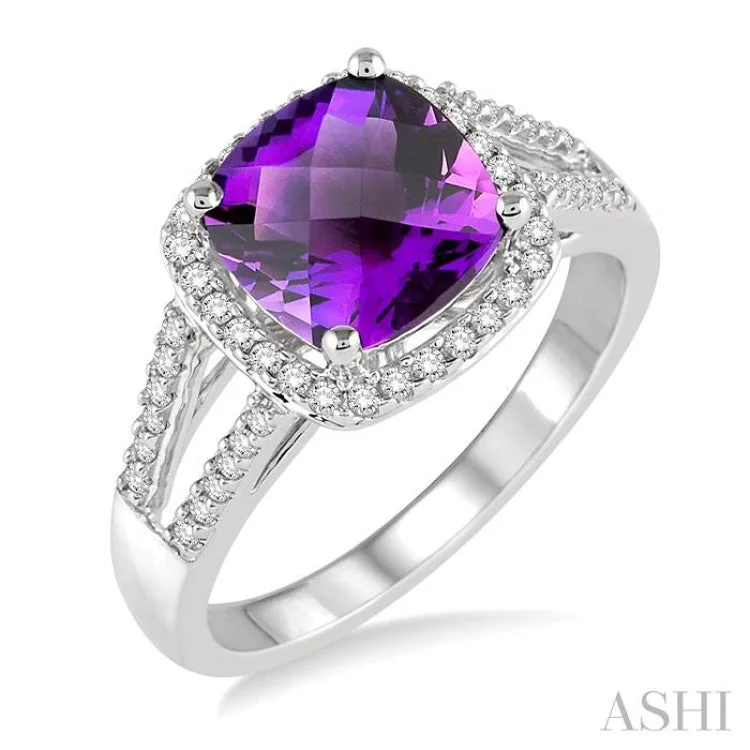 Women’s vintage-inspired engagement rings-8x8 MM Cushion Cut Amethyst and 1/4 Ctw Round cut Diamond Ring in 10K White Gold