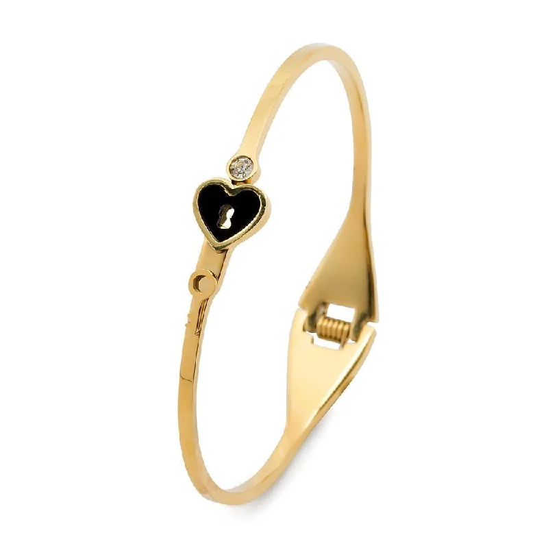 Women’s chic bangles-Stainless Steel Bangle Heart Key Onyx Crystal Gold Plated