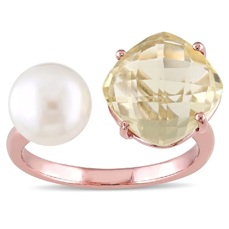 Women’s gemstone ring-Miadora Rose Plated Silver Lemon Quartz and Freshwater White Pearl Open Cuff Ring - Yellow