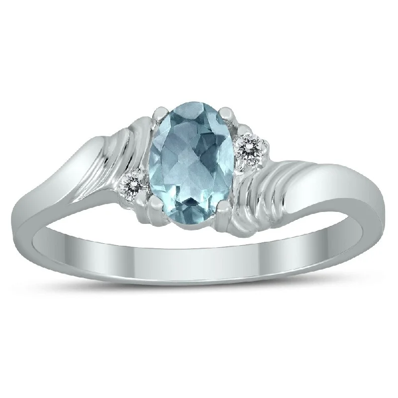 Women’s diamond and ruby ring-6X4MM Aquamarine and Diamond Wave Ring in 10K White Gold