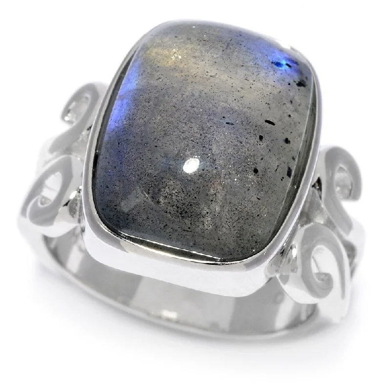 Women’s gold ring-Sterling Silver Cushion Shaped Labradorite Scrollwork Ring