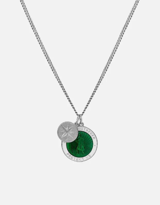 Women’s minimalist necklace-Saint Christopher Surf Necklace, Sterling Silver/Emerald Green