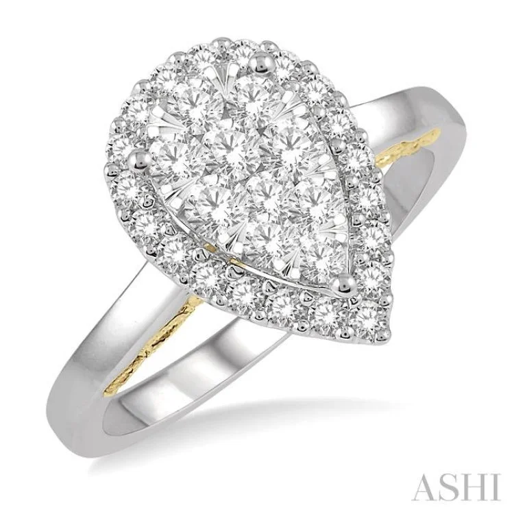 Women’s beautiful engagement rings-3/4 Ctw Pear Shape Lovebright Round Cut Diamond Ring in 14K White and Yellow Gold