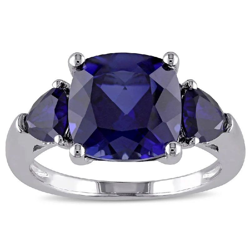 Women’s designer engagement ring-3-Stone Multi-Cut 7/10ct TGW Created Blue Sapphire Ring in Sterling Silver by Miadora