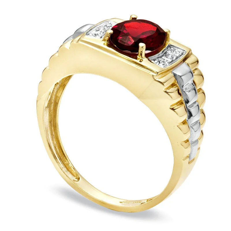 Women’s simple engagement rings-Men's Oval Garnet and Natural Diamond Accent Ring in Solid 10K Yellow Gold