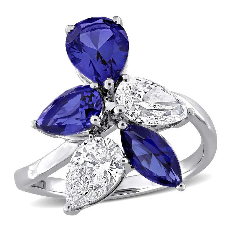 Women’s anniversary band ring-Created Forever 3 1/4ct TGW Created Blue Sapphire 1 1/2ct TW Lab-Grown Diamond Ring 18k White Gold