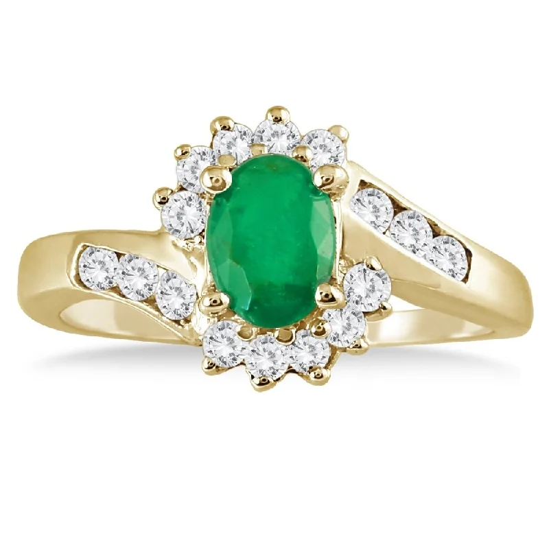 Women’s oval ring-1 Carat Emerald and Diamond Flower Twist Ring in 14K Yellow Gold