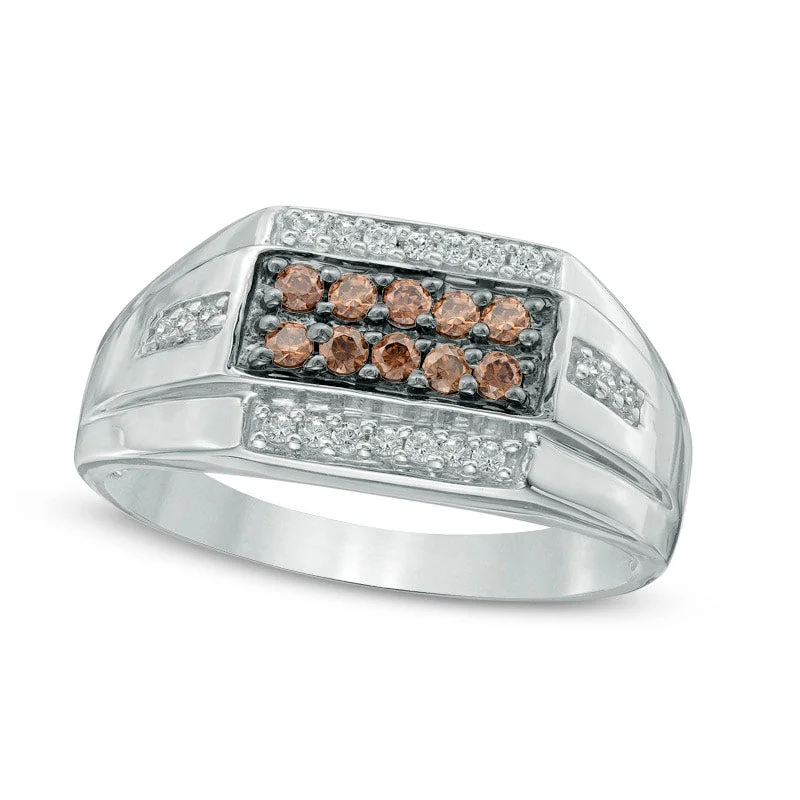 Women’s square engagement rings-Men's 0.75 CT. T.W. Enhanced Champagne and White Natural Diamond Ring in Sterling Silver