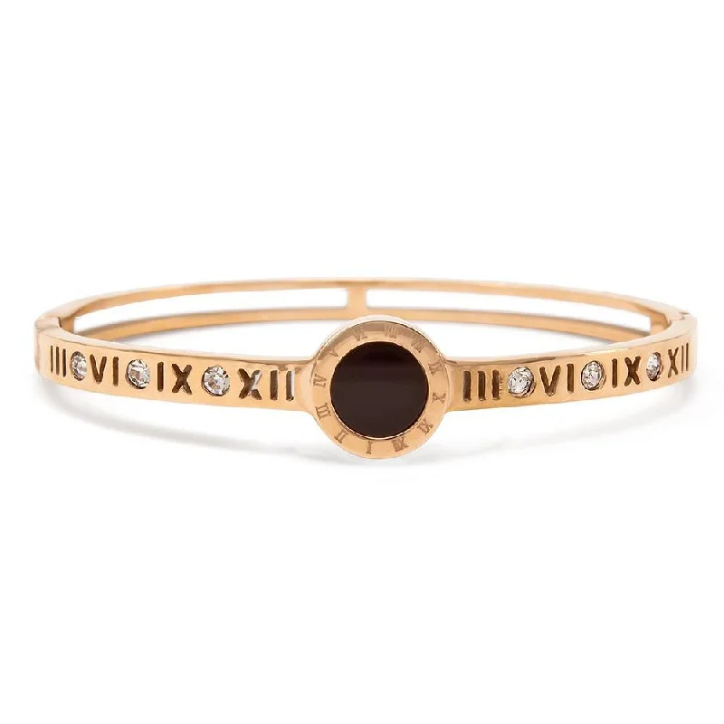 Women’s bangle set-Stainless Steel Bangle Roman Numeral Onyx Crystal Rose Gold Plated