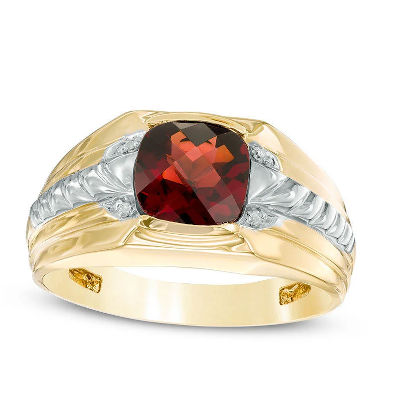 Women’s diamond engagement rings-Men's 8.0mm Cushion-Cut Garnet and Natural Diamond Accent Comfort Fit Ring in Solid 10K Yellow Gold