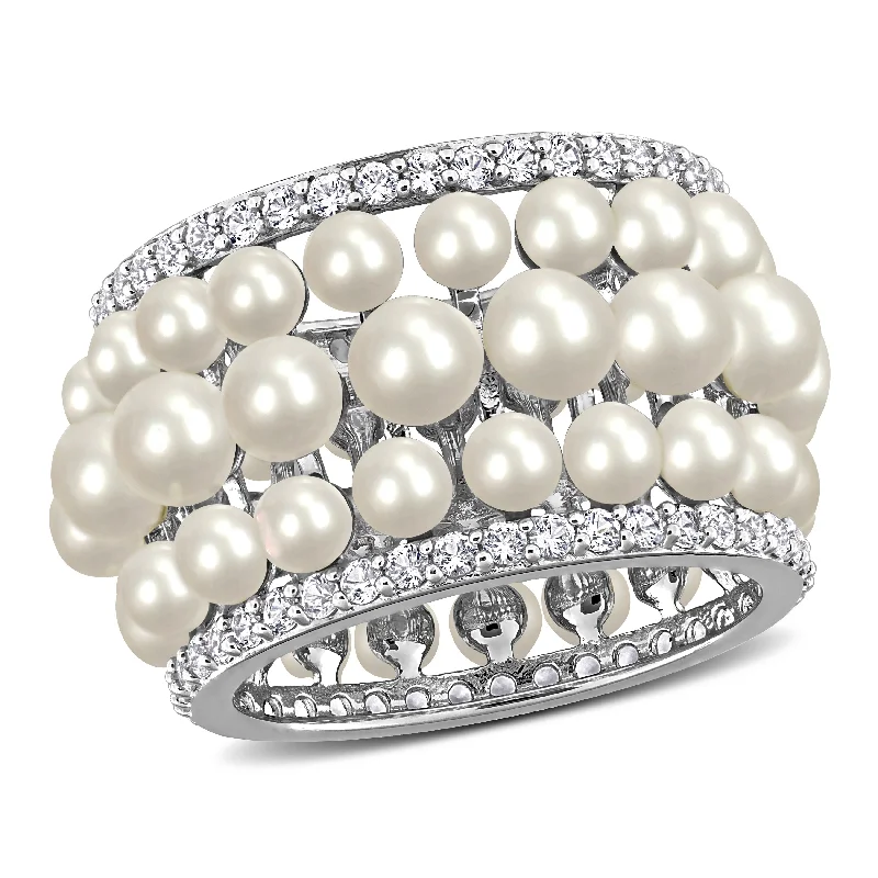 Women’s bold ring-Miadora White Cultured Freshwater Pearl and 1-3/5ct TGW Created White Sapphire Multi-row Ring in Sterling Silver