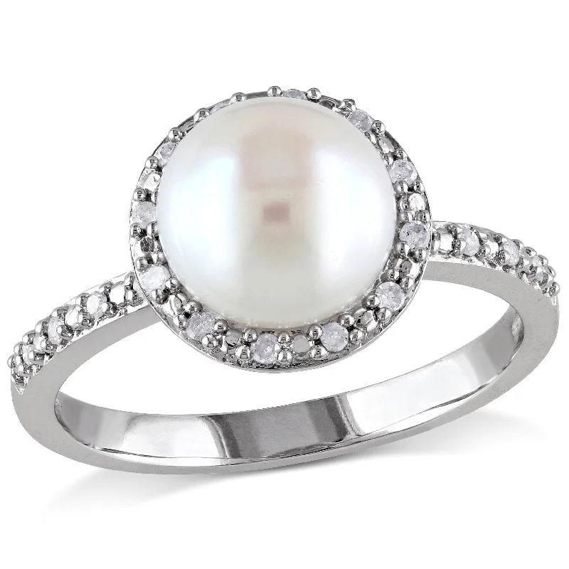 Women’s gemstone cluster ring-Miadora 8-8.5mm Japanese Akoya Cultured Pearl 1/10 CT TW Diamond Ring Sterling Silver