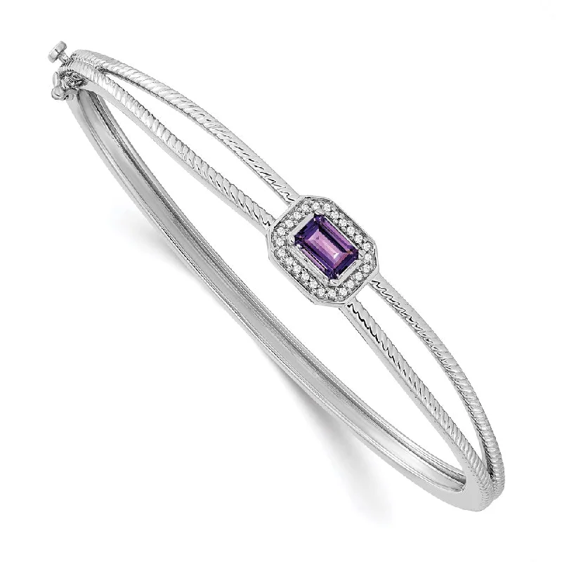 Women’s simple bangles-14k White Gold Emerald-shape Amethyst and Diamond Halo Bangle-WBC-BM7091-AM-011-WA