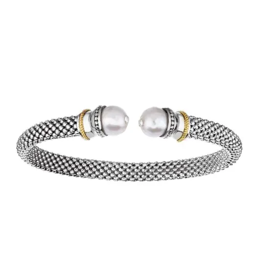 Women’s geometric bracelet-Pearl Popcorn Bangle in Sterling Silver & 18K Yellow Gold