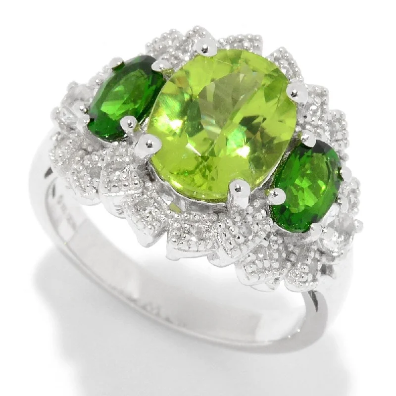 Women’s birthstone ring-Sterling Silver Peridot & White Topaz Fancy Halo Ring