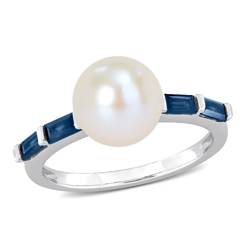 Women’s anniversary ring-Miadora 8mm Cultured Freshwater Pearl 3/4ct TGW Baguette Sapphire Ring 10k White Gold