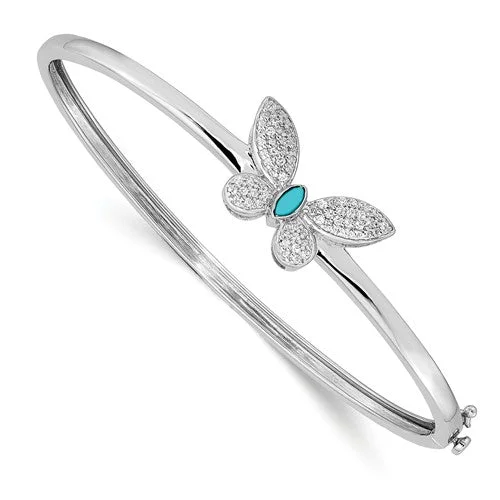 Women’s gemstone bracelet-14k White Gold Diamond And Turquoise Butterfly Bangle