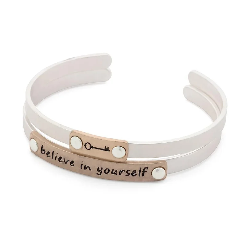 Women’s custom bangles-Believe In Yourself Double Bangle Silver and Rose Gold Plated