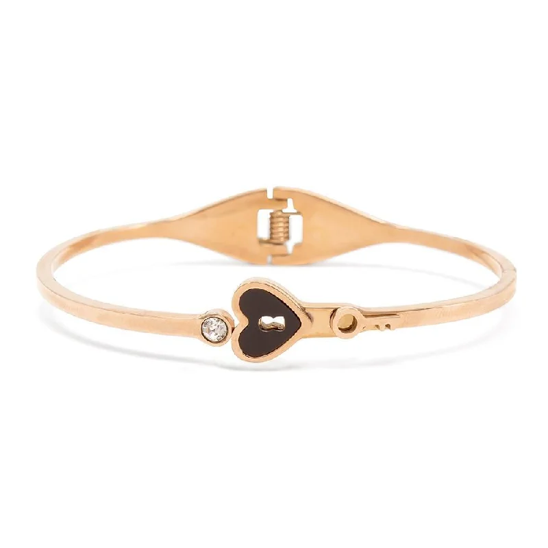 Women’s custom bracelet-Stainless Steel Bangle Heart Key Onyx Crystal Rose Gold Plated