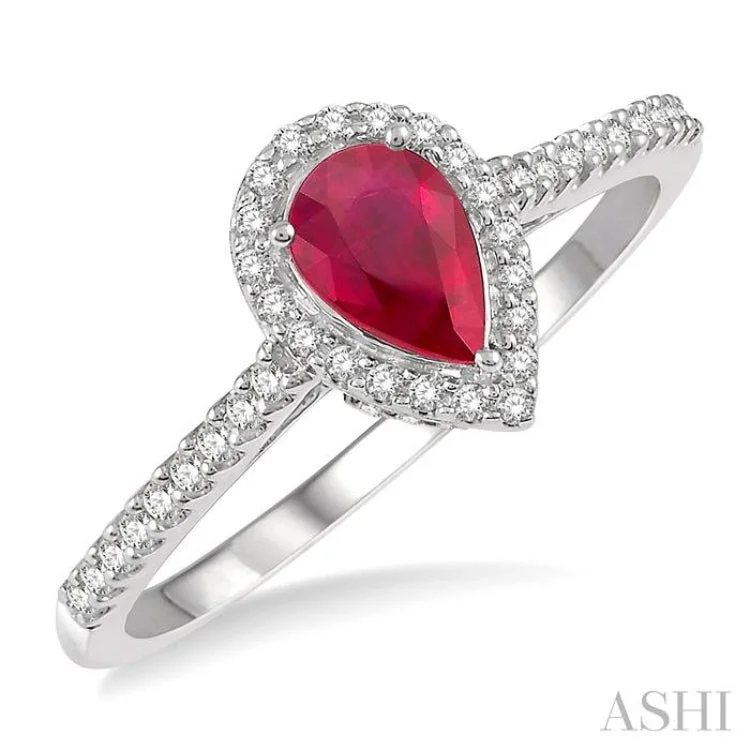 Women’s pear-shaped engagement rings-1/5 Ctw Pear Shape 6x4mm Ruby & Round Cut Diamond Precious Ring in 10K White Gold