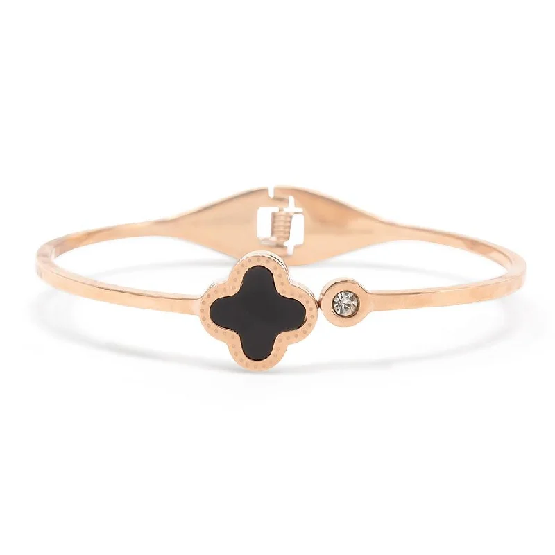 Women’s gemstone bracelet-Stainless Steel Bangle Flower Onyx Crystal Rose Gold Plated