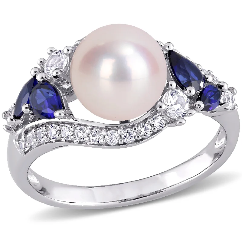 Women’s bridal ring-Miadora 10k White Gold Cultured FW Pearl with Created Blue & White Sapphire Pearl Ring (8-8.5mm)