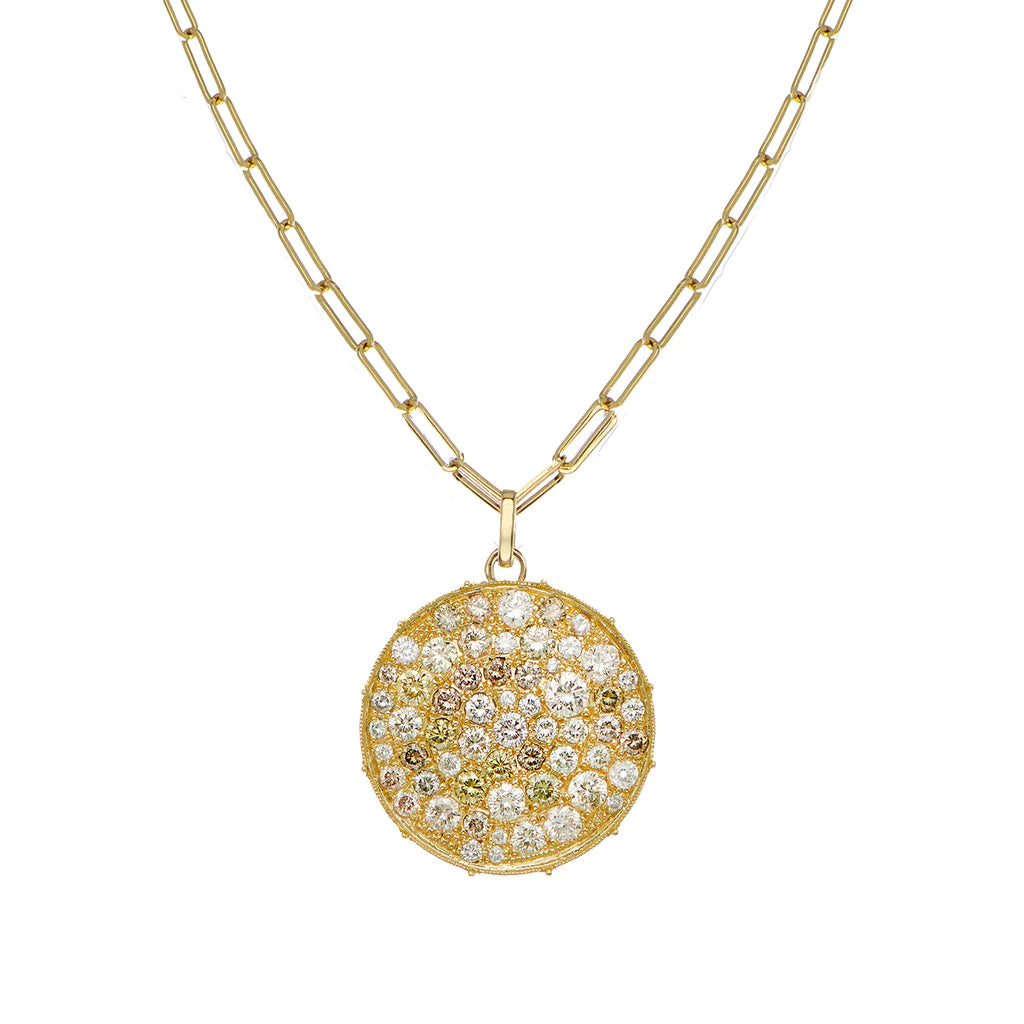 Women’s gemstone pendant necklace-Confetti Yellow Gold Multi-Color Diamond Disc Large Necklace