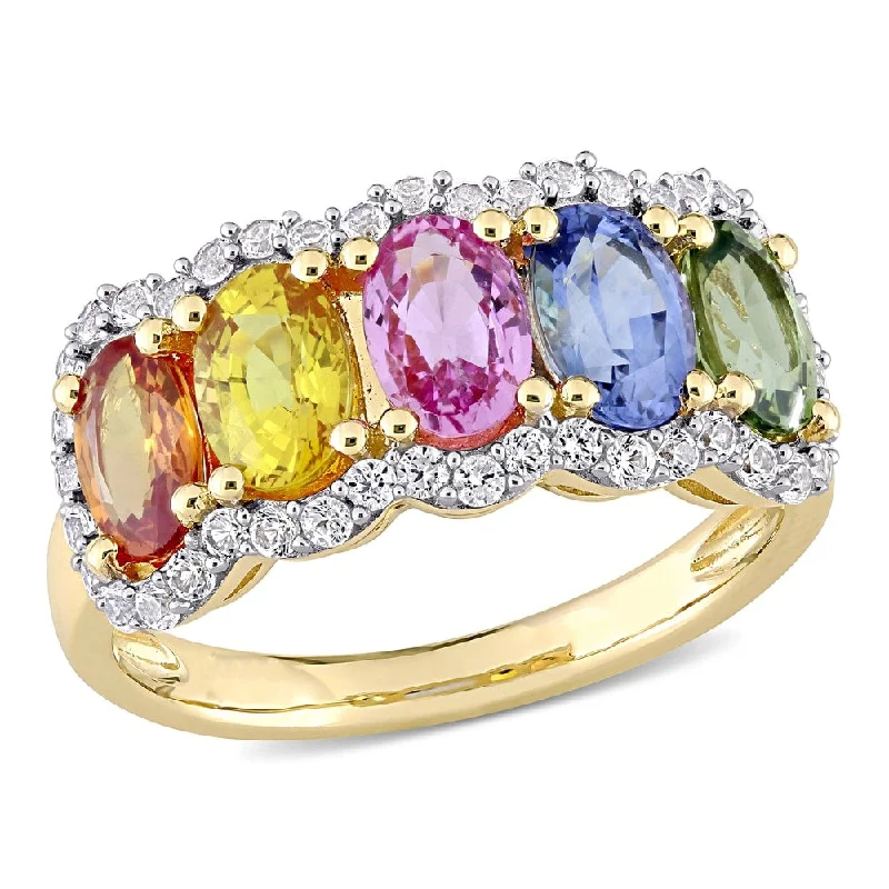 Women’s platinum wedding ring-Miadora 14k Yellow Gold Oval-cut Multi-Color Sapphire 5-Stone Anniversary Band Ring