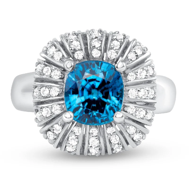 Women’s oval diamond ring-3.06 ct Blue Zircon and Diamond Ring in 14k White Gold