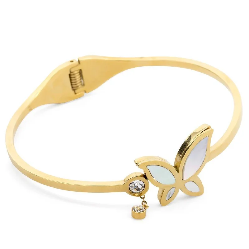 Women’s bangle bracelet with diamonds-Stainless Steel Bangle MOP Butterfly CZ Gold Plated