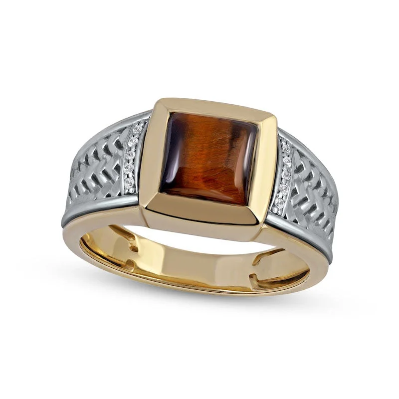 Women’s romantic engagement rings-Men's 8.0mm Square-Cut Tiger's Eye and 0.05 CT. T.W. Natural Diamond Basket Weave Ring in Solid 10K Two-Tone Gold