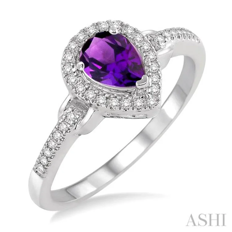 Women’s band engagement rings-7x5 MM Pear Shape Amethyst and 1/6 Ctw Round Cut Diamond Ring in 10K White Gold