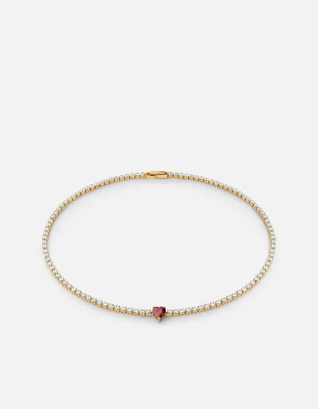 Women’s vintage necklace-Philo Heart Tennis Choker, Gold Vermeil/Topaz & Garnet