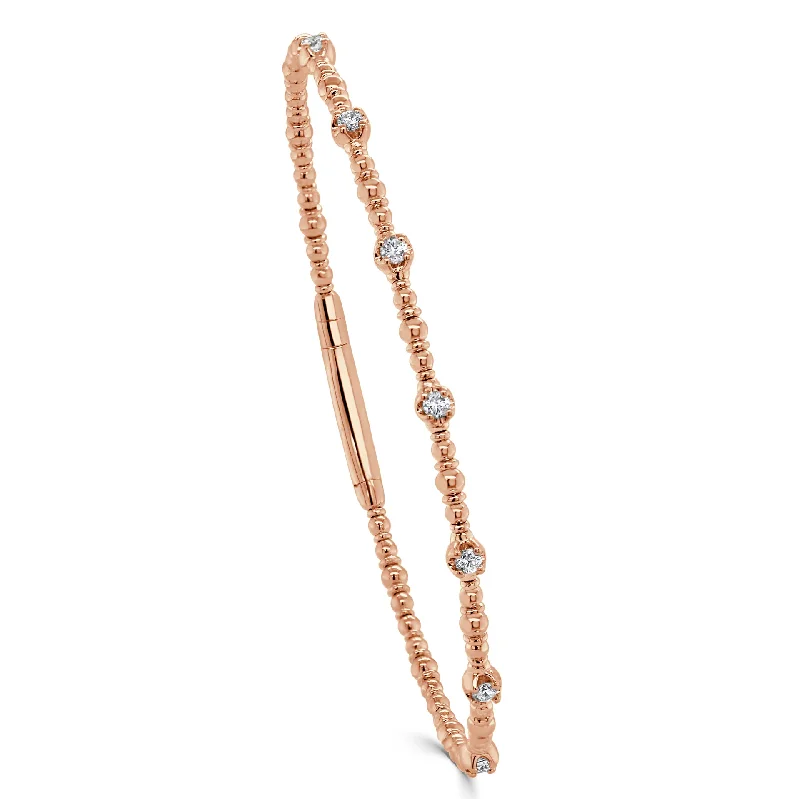 Women’s simple gold bracelet-Diamond Large Station Flexible Bangle in 14K Rose Gold