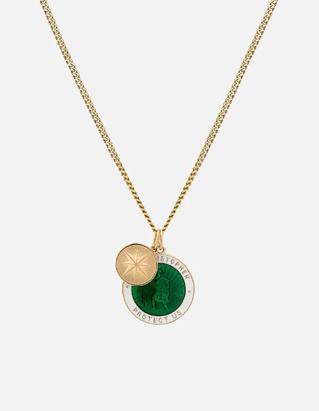 Women’s lock and key necklace-Saint Christopher Surf Necklace, Gold/Emerald Green/White