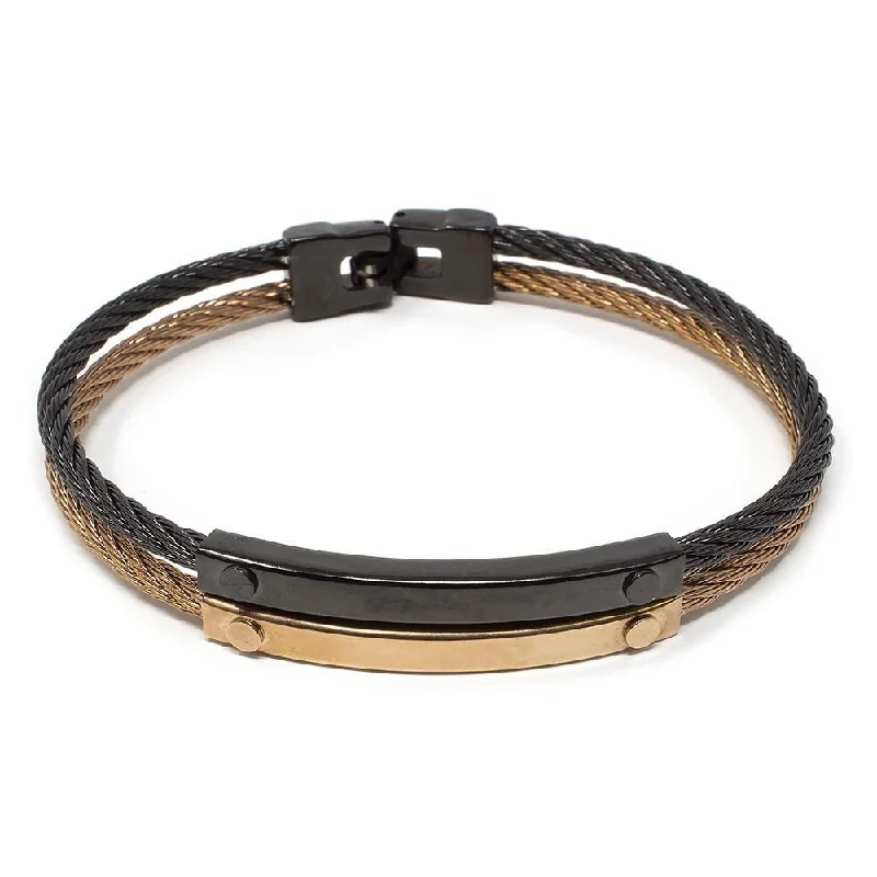 Women’s chunky bracelet-Two Tone Stainless Steel Double Wire Bangle Black and Rose Gold Tone