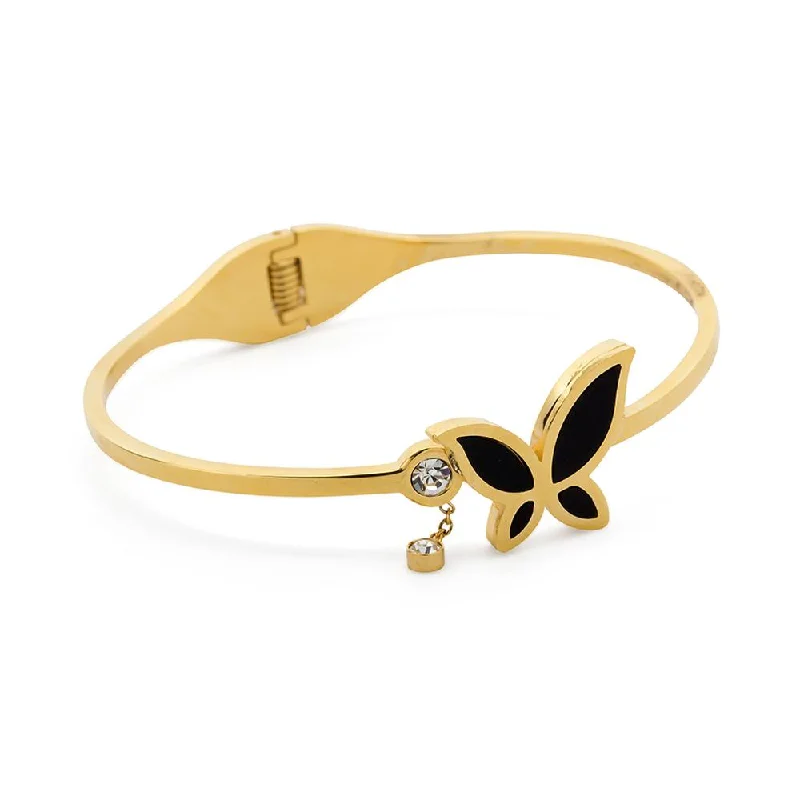 Women’s exclusive bangle-Stainless Steel Bangle Onyx Butterfly CZ Gold Plated