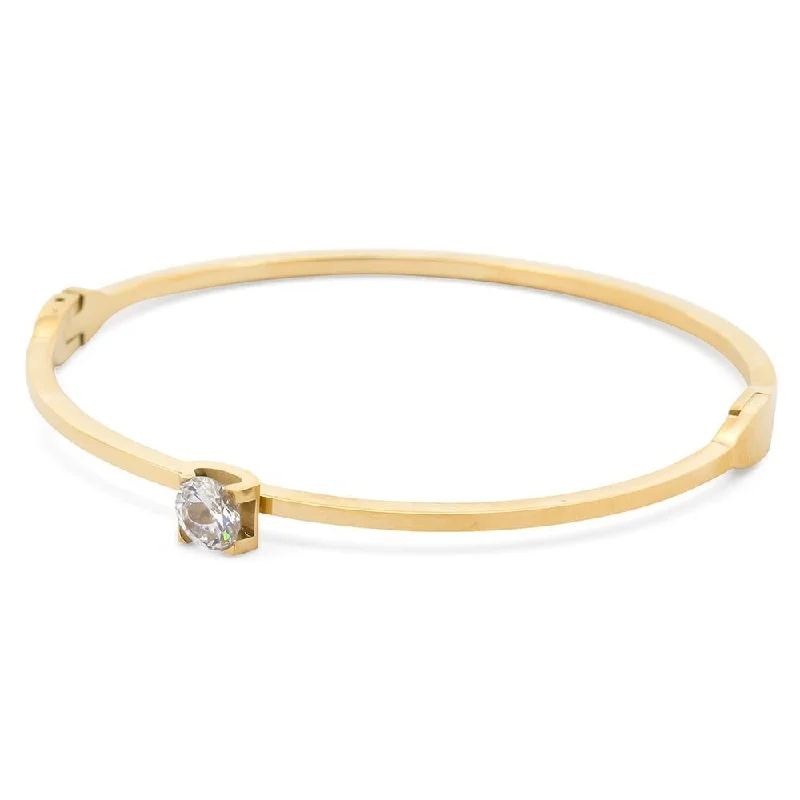 Women’s crystal bangles-Stainless Steel Hingled Bangle Round Crystal Gold Plated