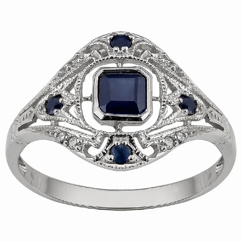 Women’s gemstone ring-Viducci 10k White Gold Vintage Style Genuine Sapphire and Diamond Ring - Blue