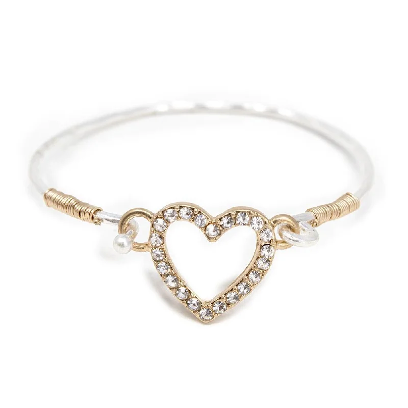 Women’s braided bracelet-Two Tone Heart Pave Hook Bangle Gold T