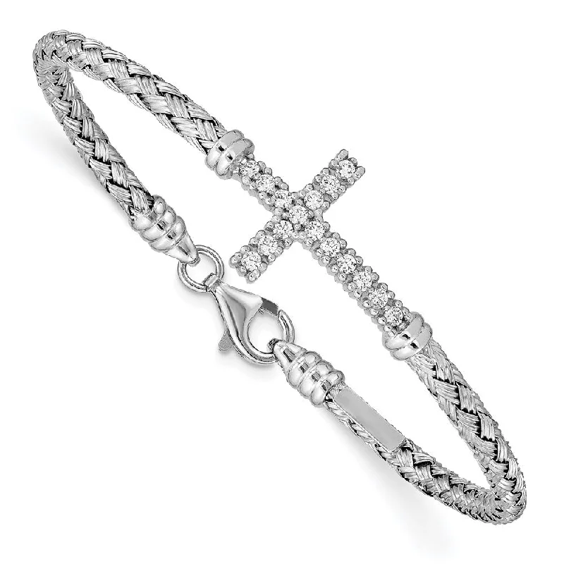 Women’s butterfly bracelet-Sterling Silver Polished Rhodium-plated CZ Latin Cross Bangle-WBC-QB954