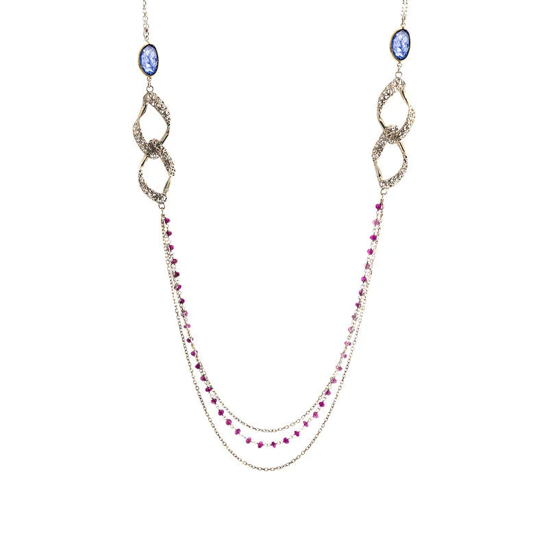 Women’s trendy necklace-14 Karat Yellow Gold Ruby and Sapphire Multi Strand Necklace, 31.5 inch.