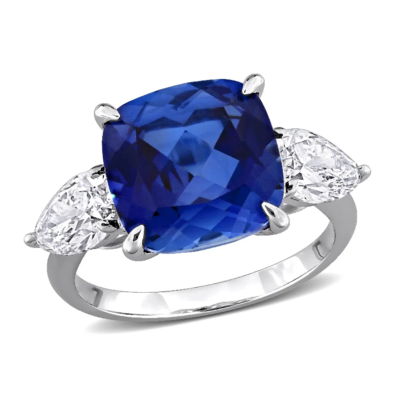 Women’s diamond-studded ring-Created Forever 6ct TGW Created Blue Sapphire 1 1/2 TW Lab-Grown Diamond Ring 18k White Gold